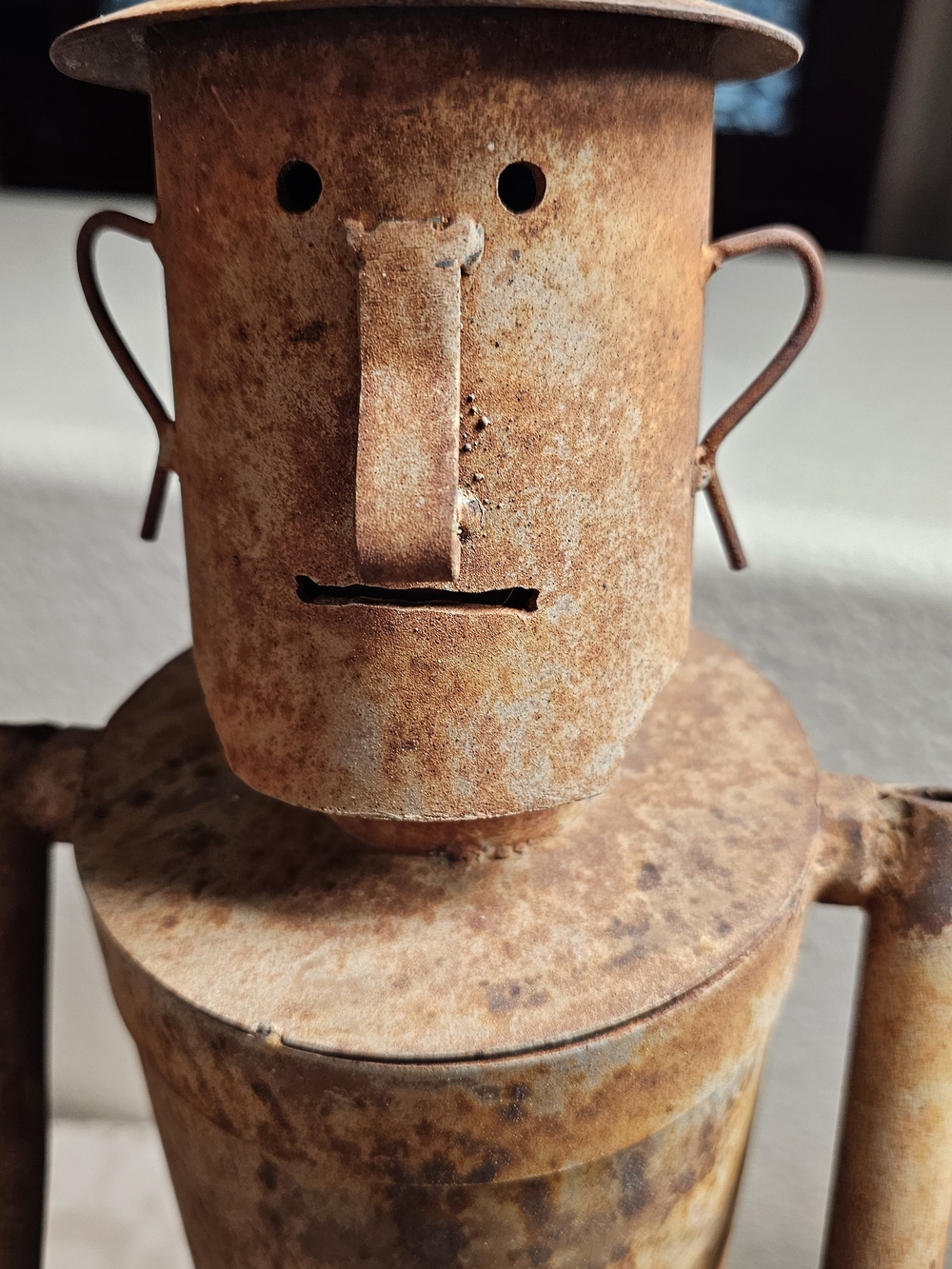 Vintage Rusty Metal Garden Art Sculpture Tin Man Folk Art 22" Hinged Hip